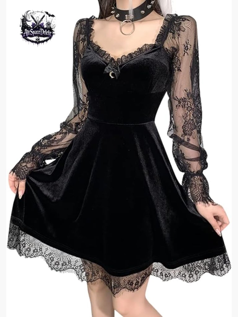 Gothic Lace Mini Dress Vintage A-Line Pull-On Square Neck Sleeveless